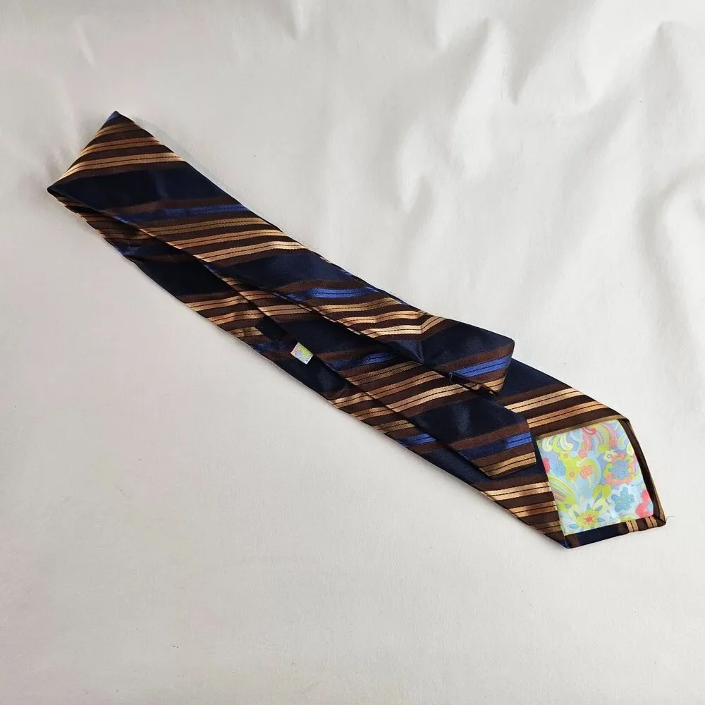 Ted Baker London 100% Silk Tie Brown Blue Gold Striped Handmade USA Necktie